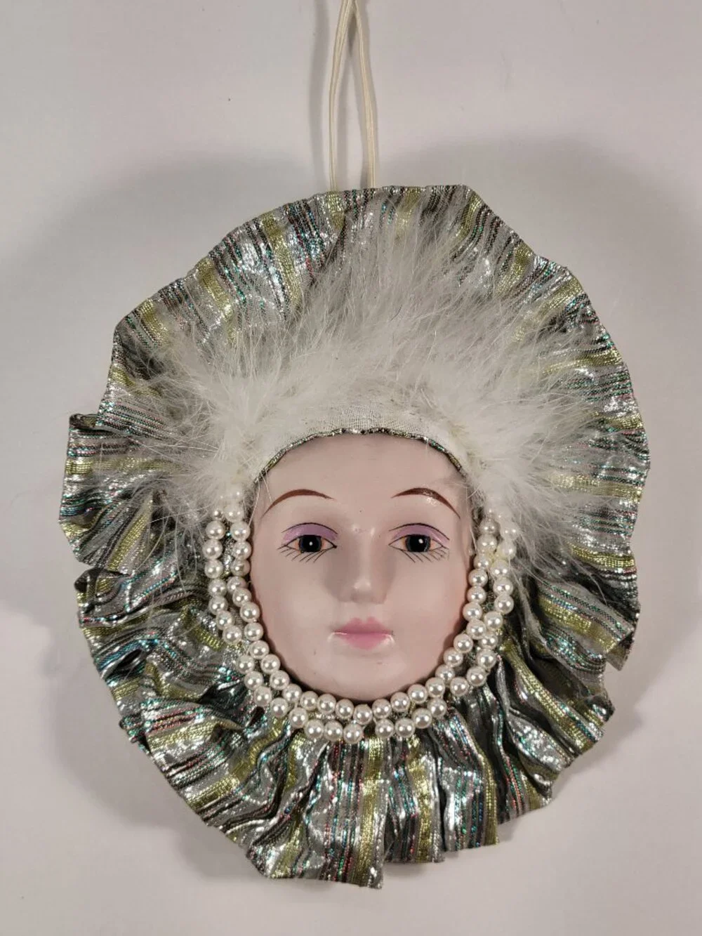 Vintage Art Deco Mardi Gras Porcelain Lady Face Ornament Wall Hanging Christmas